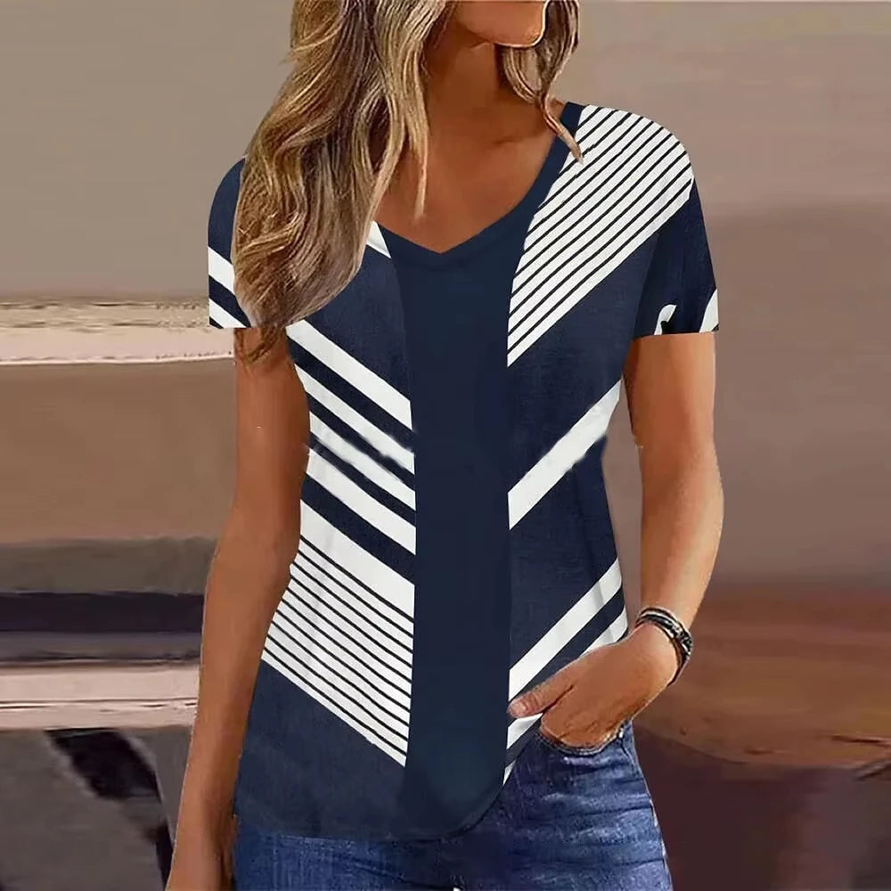 Blue V-Neck Short Sleeve Summer Tops Tees