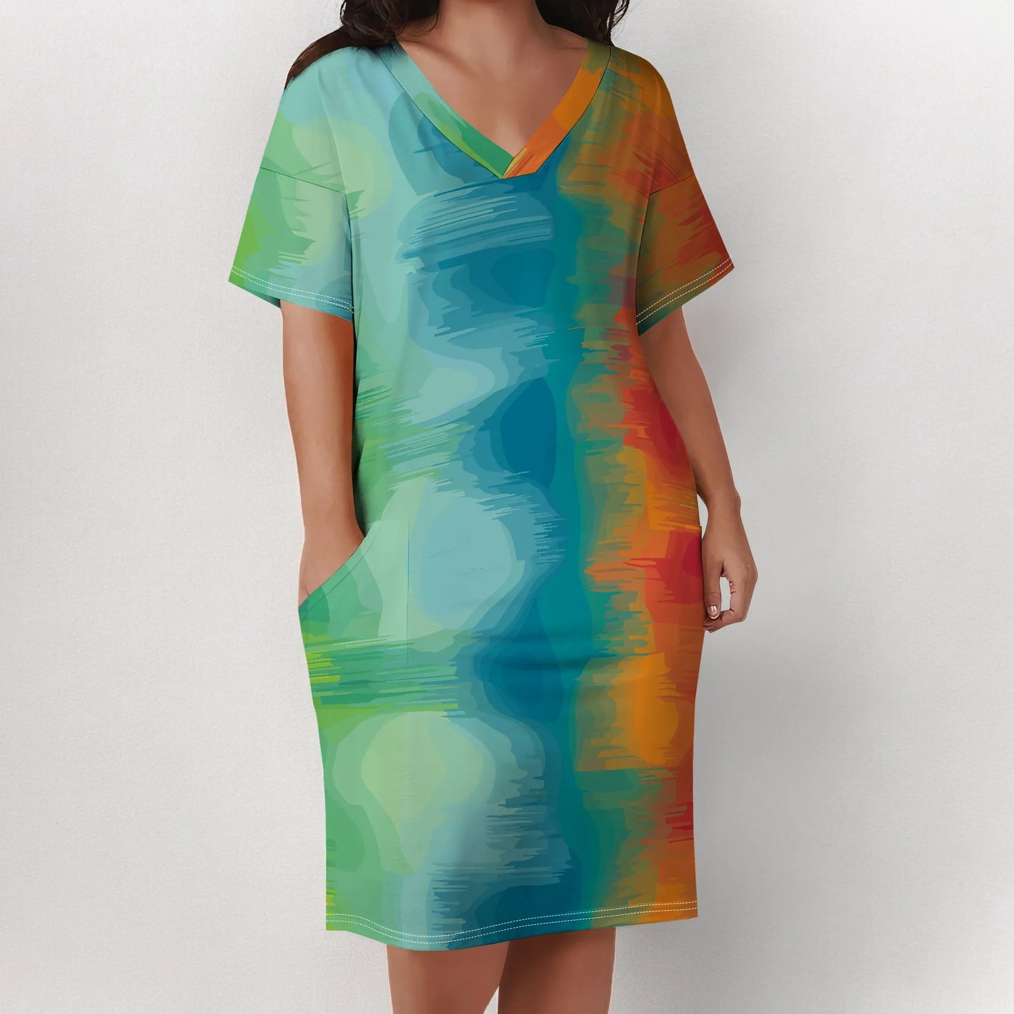 V Neck Short Sleeve with Front Two Pockets Solid Color Oversize Dress