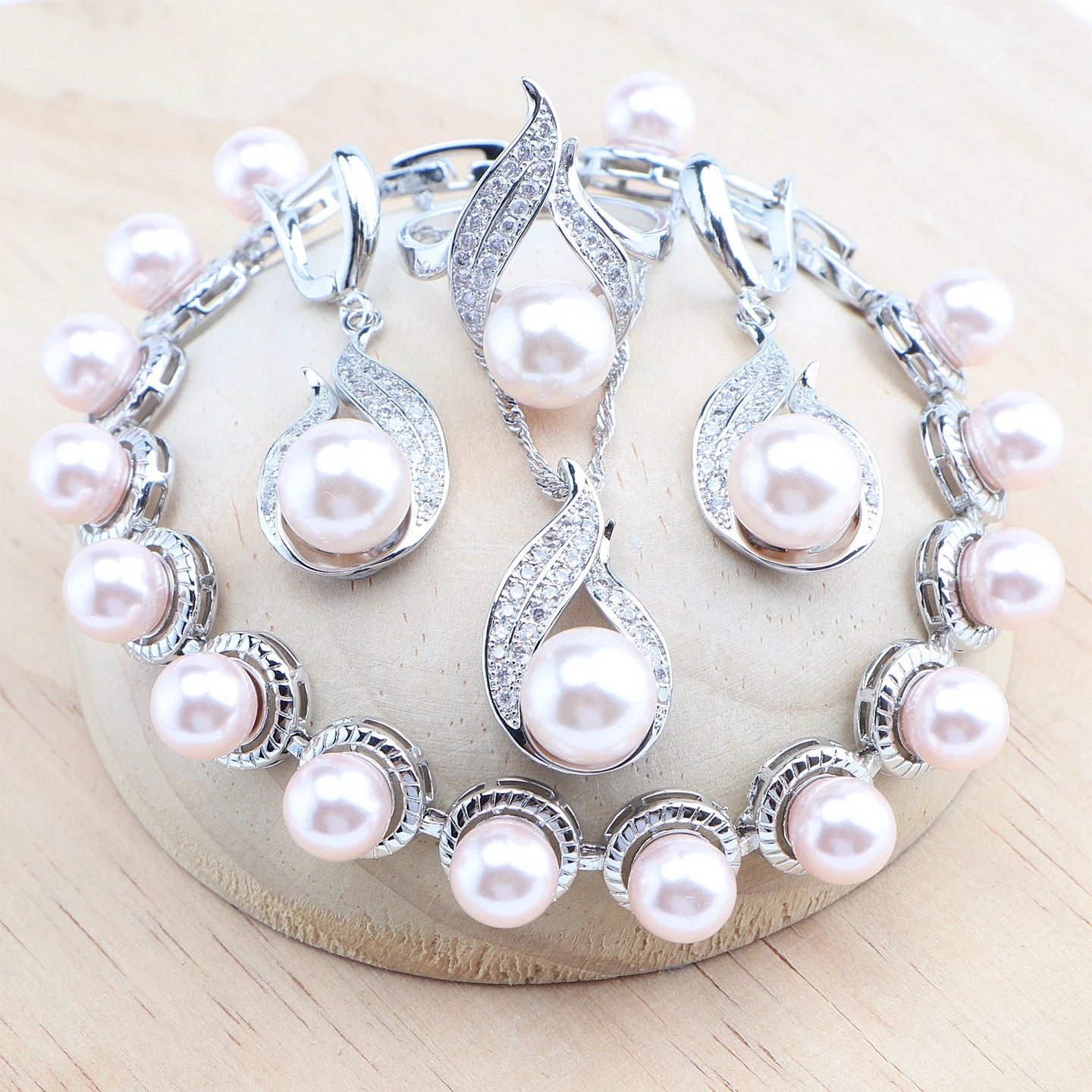 Silver Black Pearl Jewelry Sets Bridal White Zircon Wedding  Rings Earrings Pendant Necklace Bracelets 4Set