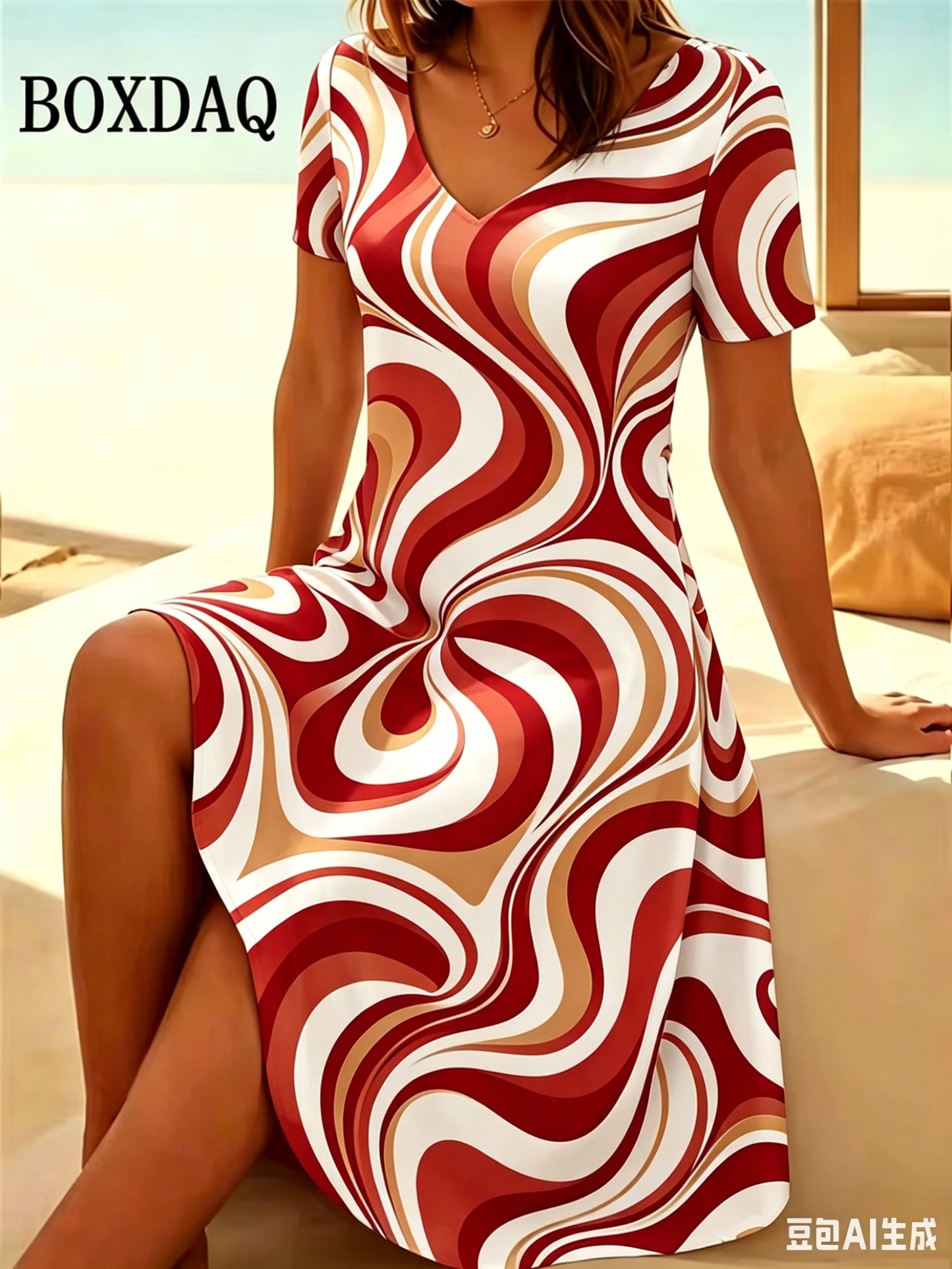Elegant  Sleeve V-Neck A-Line Dress Summer Fashion