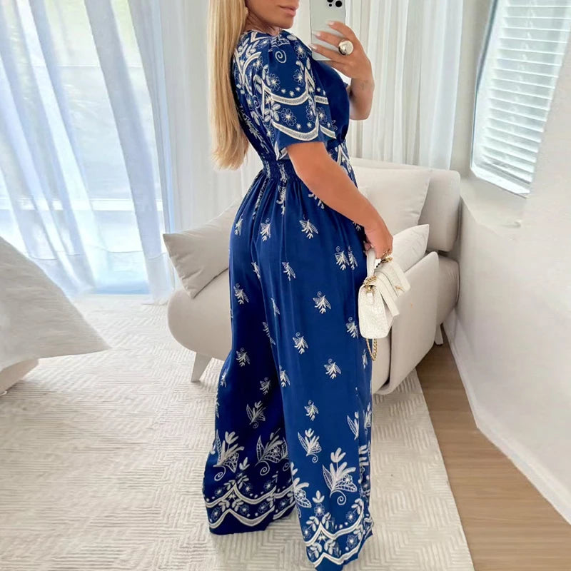Vintage V Neck Long Pants Bohemian Printed High Waisted Loose Jumpsuit