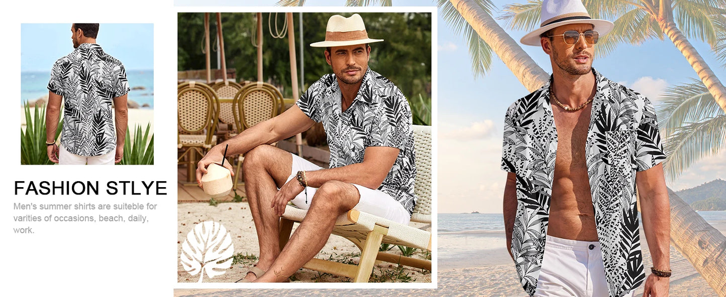 Men's Summer Patchwork Printed Button  Sleeve Shirt Tropical Vacation