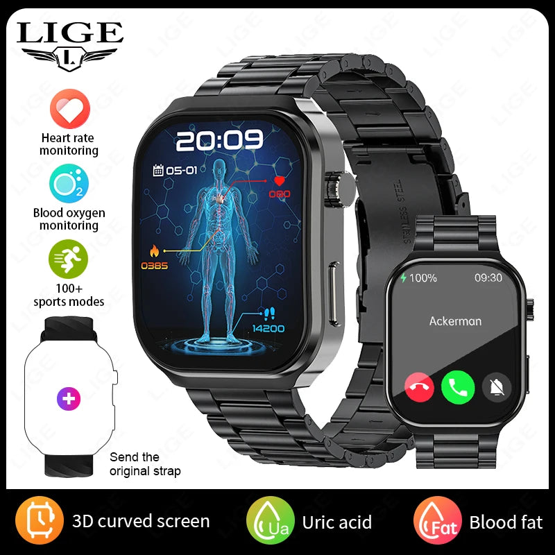 LIGE New AI Healthy Diagnosis Blood Lipids Uric Acid Smart Watch 2.2" Curved Screen Voice Bluetooth Call Health Smartwatch