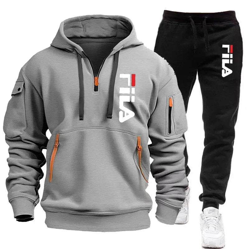 men hooded sweatshirt + Trouser, outdoor multi-pocket men's pullover sportswear set