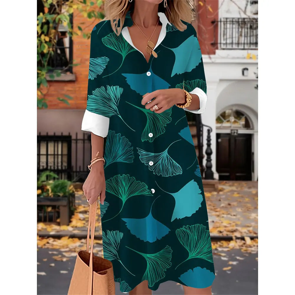 Printed V Neck Long Sleeves Button Sexy  Beach and Party Dress