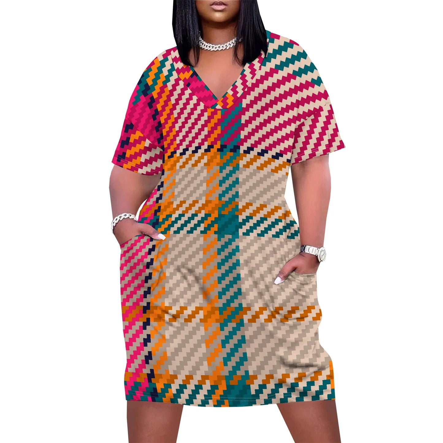 V Neck Short Sleeve with Front Two Pockets Solid Color Oversize Dress