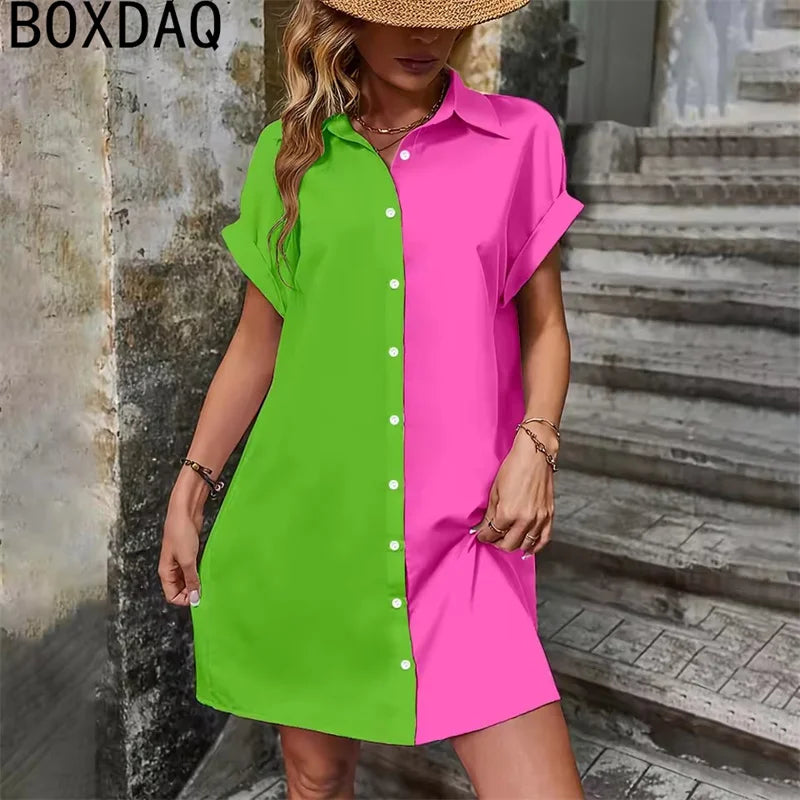 Two Tone Spliced Shirt for Summer Evening  Casual Dress