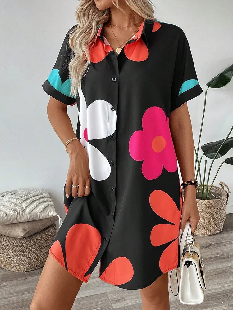 Ladies Short-sleeve Trend Single-breasted Elegant  Dress