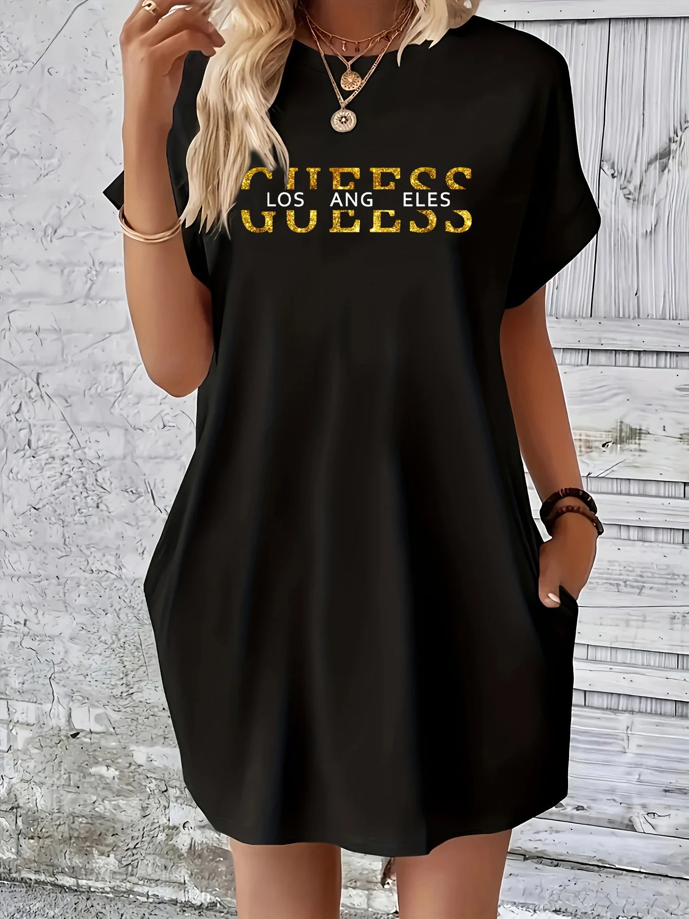 Gueess Los Angeles letter pattern print round neck short sleeved pocket comfortable Dress