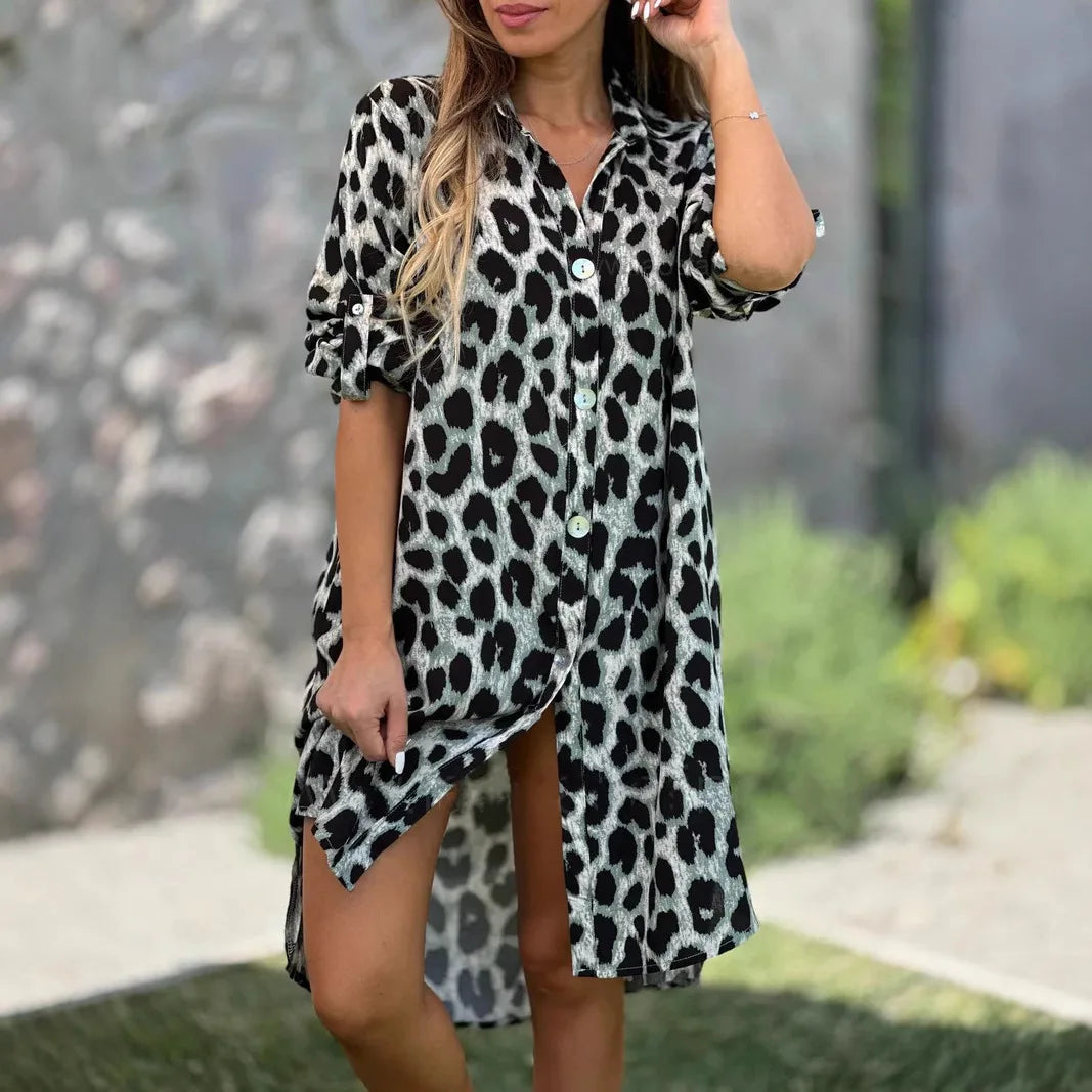 Leopard Print Shirt Dress Herbst Kleider Vestido Femininos
