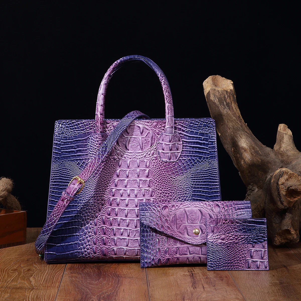 3 set Crocodile Pattern Handbag & Purses Set, Multi-functional Vintage Top Handle Crossbody Bag & Business Clutch Bag