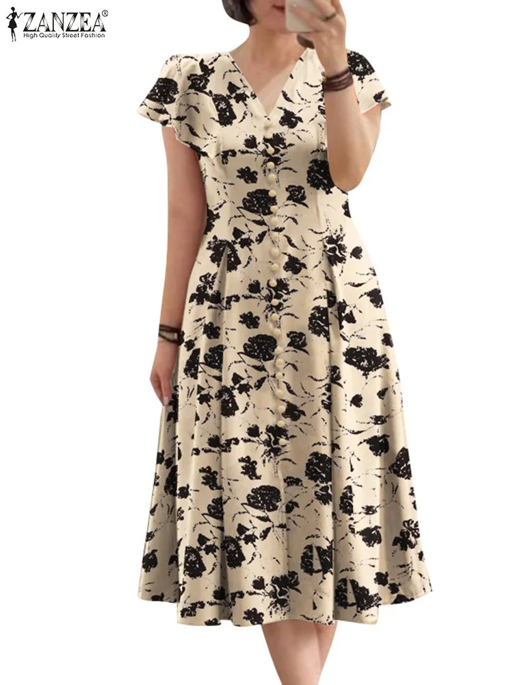 Summer Midi V-neck Fitted-waist Party Sun Dress
