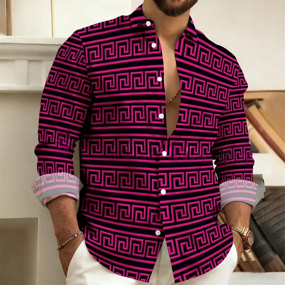 Long-Sleeved Polo Shirt, Vintage Print Style with Greek Key Pattern