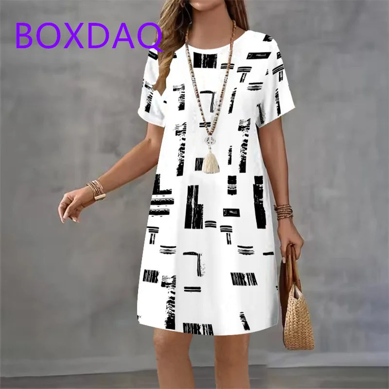 Geometric Stripe Printed Short Sleeve O-Neck Dress