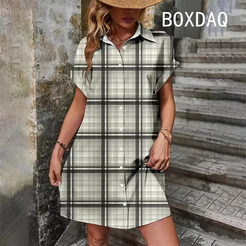 Elegant Vintage Striped Print  Short Sleeve With Button  Dress