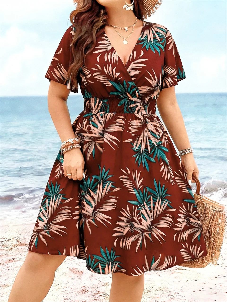 Tropical Print V-Neck Butterfly Sleeve Dress