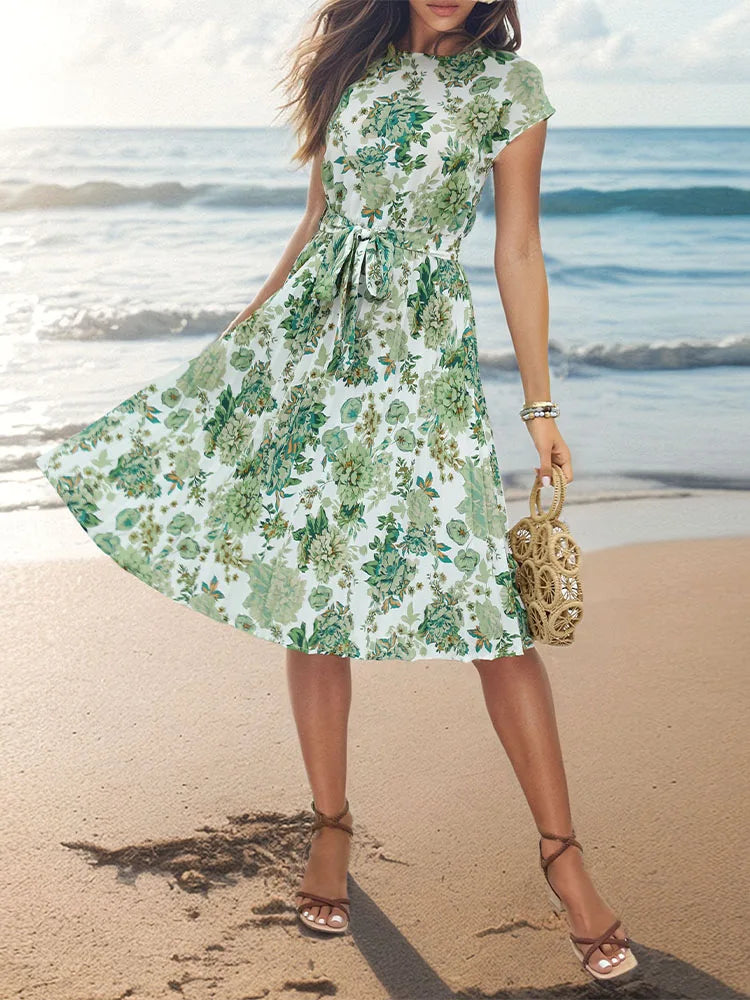 Women O Neck Pleated Medium Long Dress Fashion Print Lace-up Dress