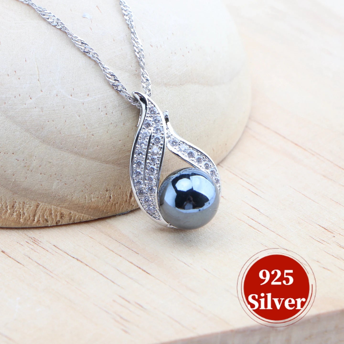 Silver Black Pearl Jewelry Sets Bridal White Zircon Wedding  Rings Earrings Pendant Necklace Bracelets 4Set