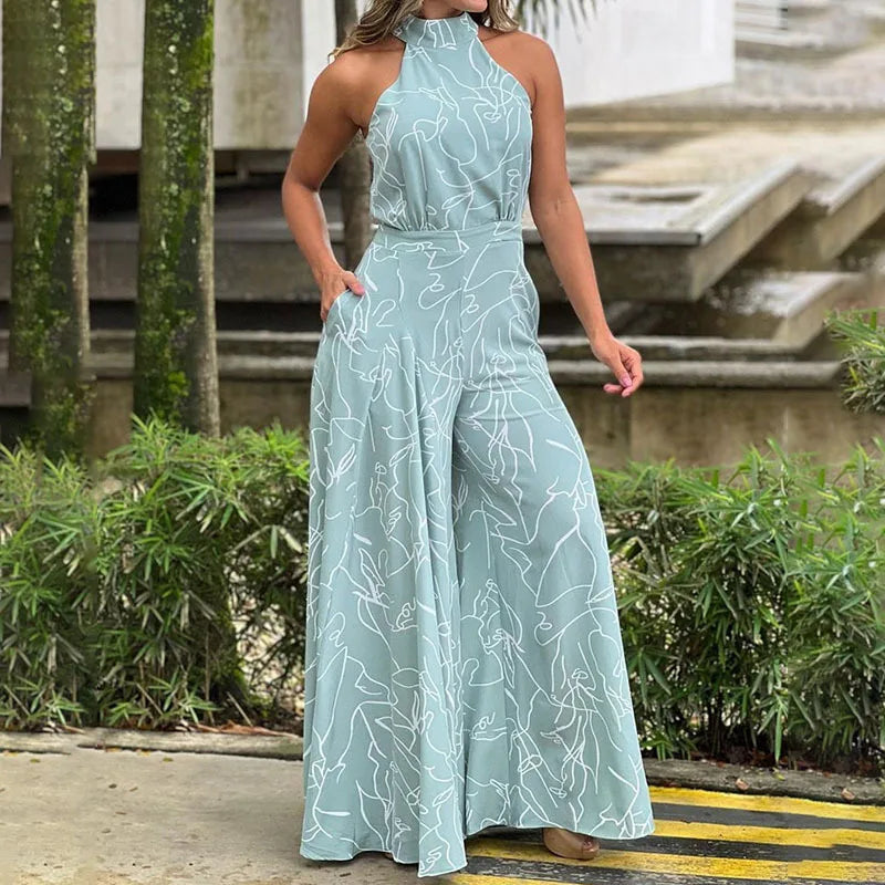 Summer women's geometric printed sleeveless pants with elegant temperament