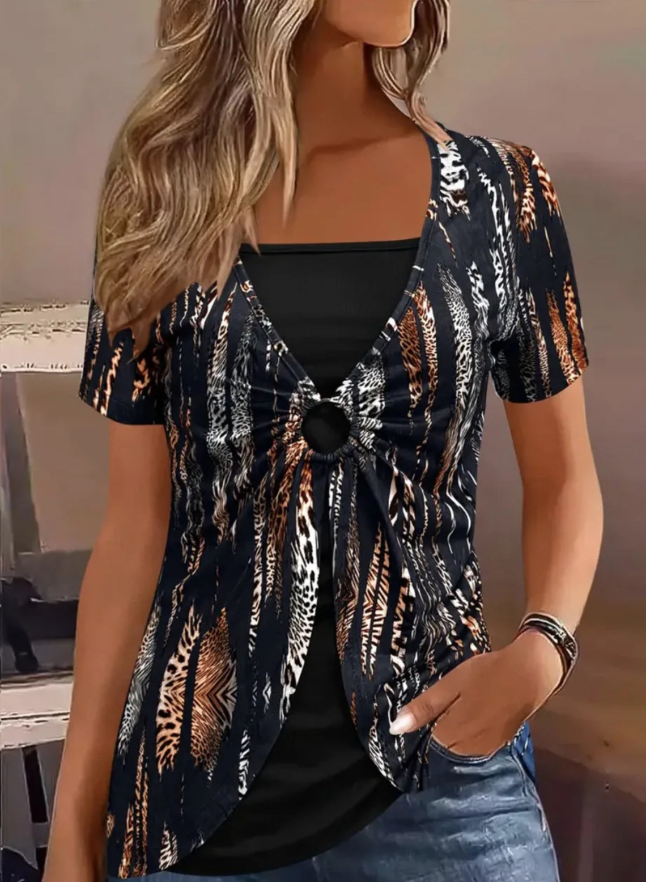 Two-Piece T-Shirt - Plus Size Elegant Casual Short Sleeve Top for Women