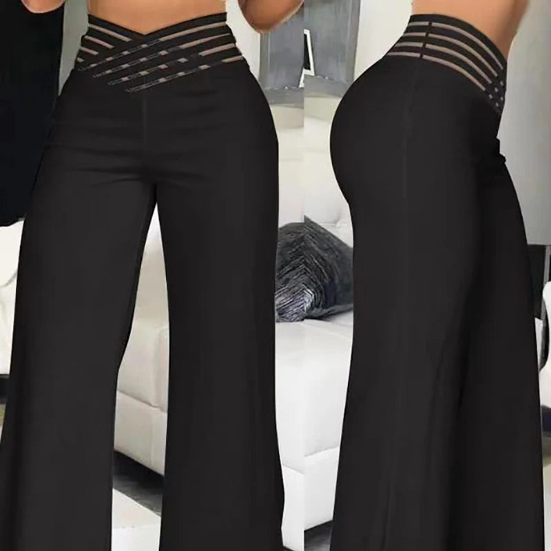 Fashionable Trendy Women's Hollowed Out Waist Belt High Waisted  Wide Leg Pants