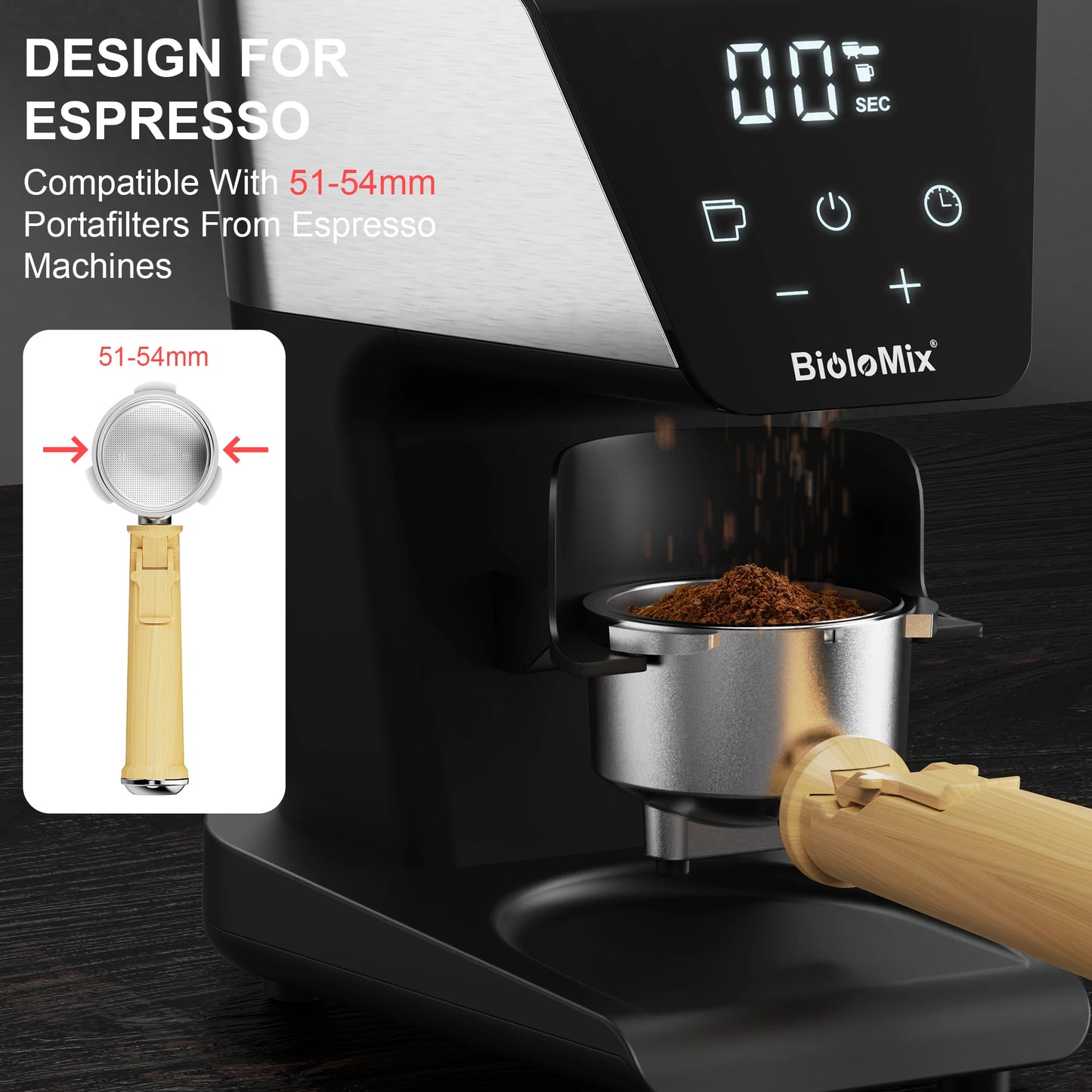 BioloMix Electric Coffee Grinder with Magnetic Ring - 30 Precise Grind Settings for Espresso, American, and Pour Over Coffee, Au