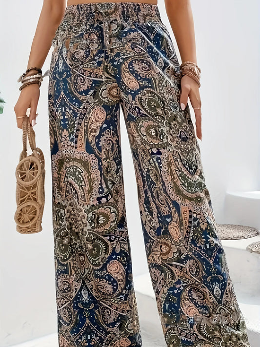 High Waist Elastic Waist Printed Wide Leg Long Pants