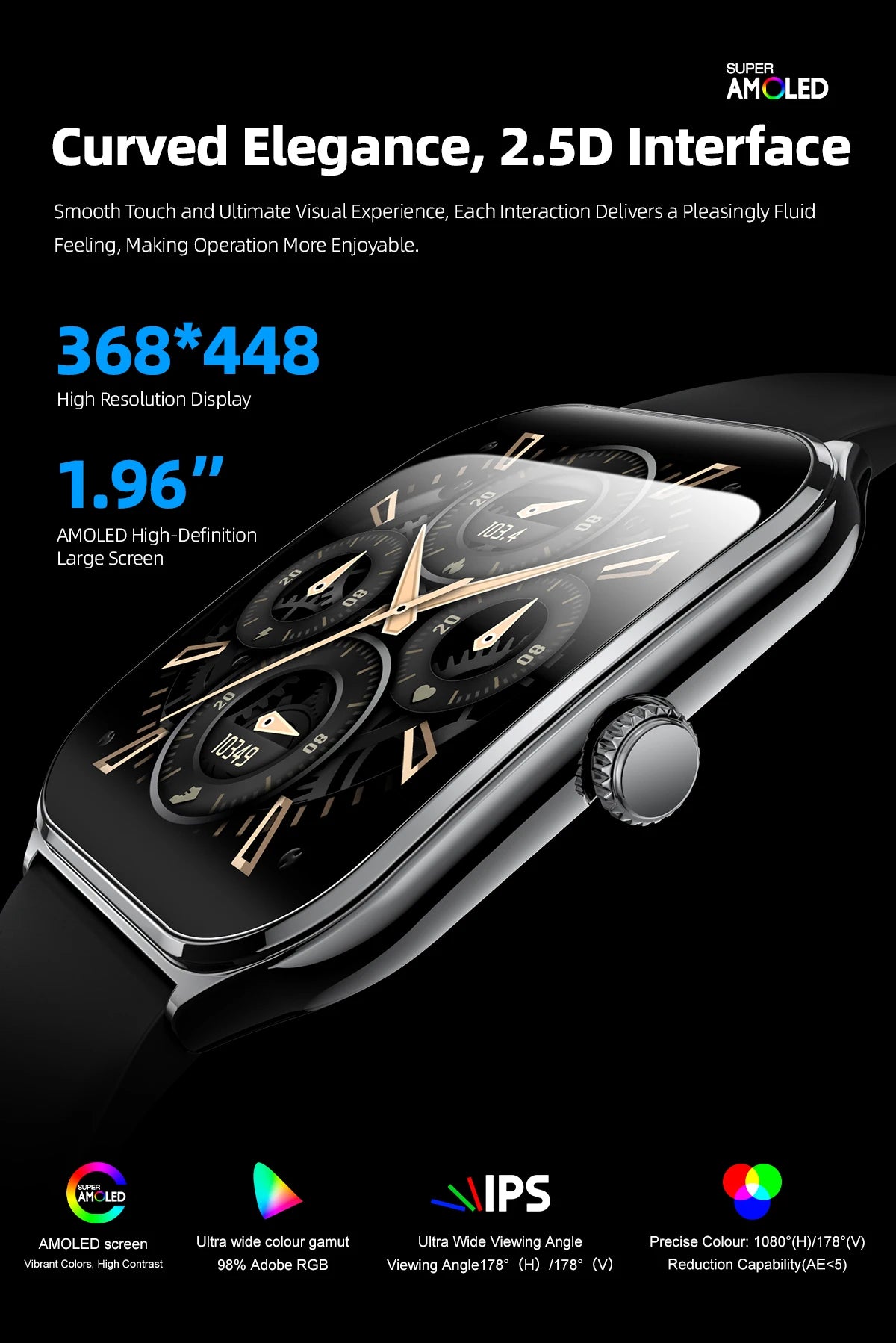New Ultra Thin Smart Watch 1.96" AMOLED HD Pixel Display Always Show Time BT Call Reminder