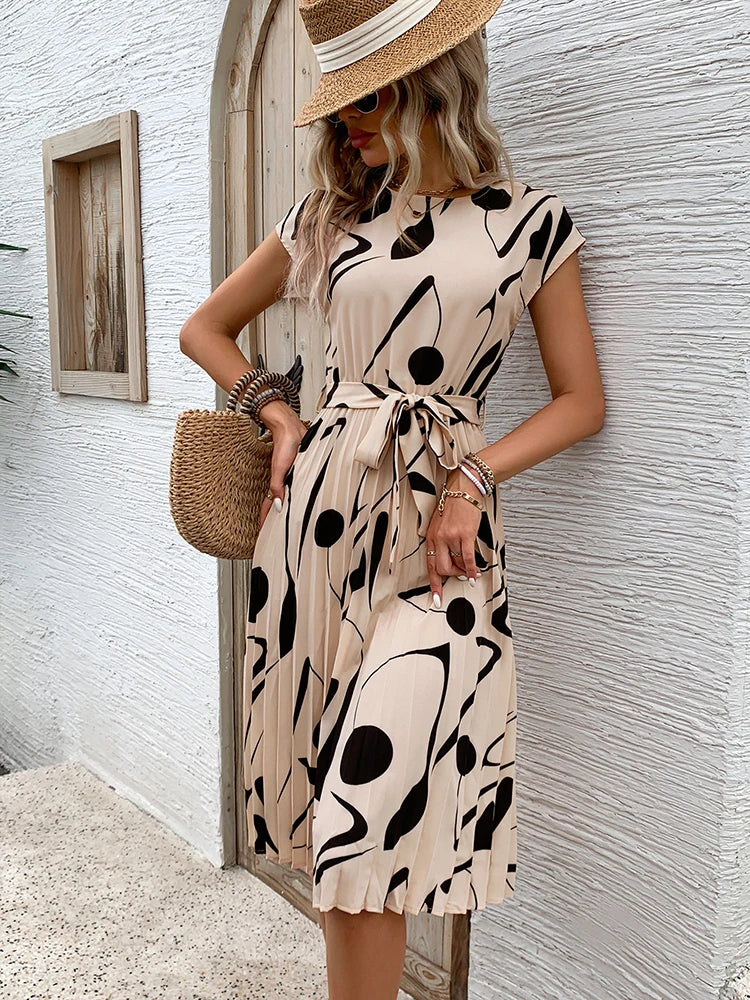 Women O Neck Pleated Medium Long Dress Fashion Print Lace-up Dress