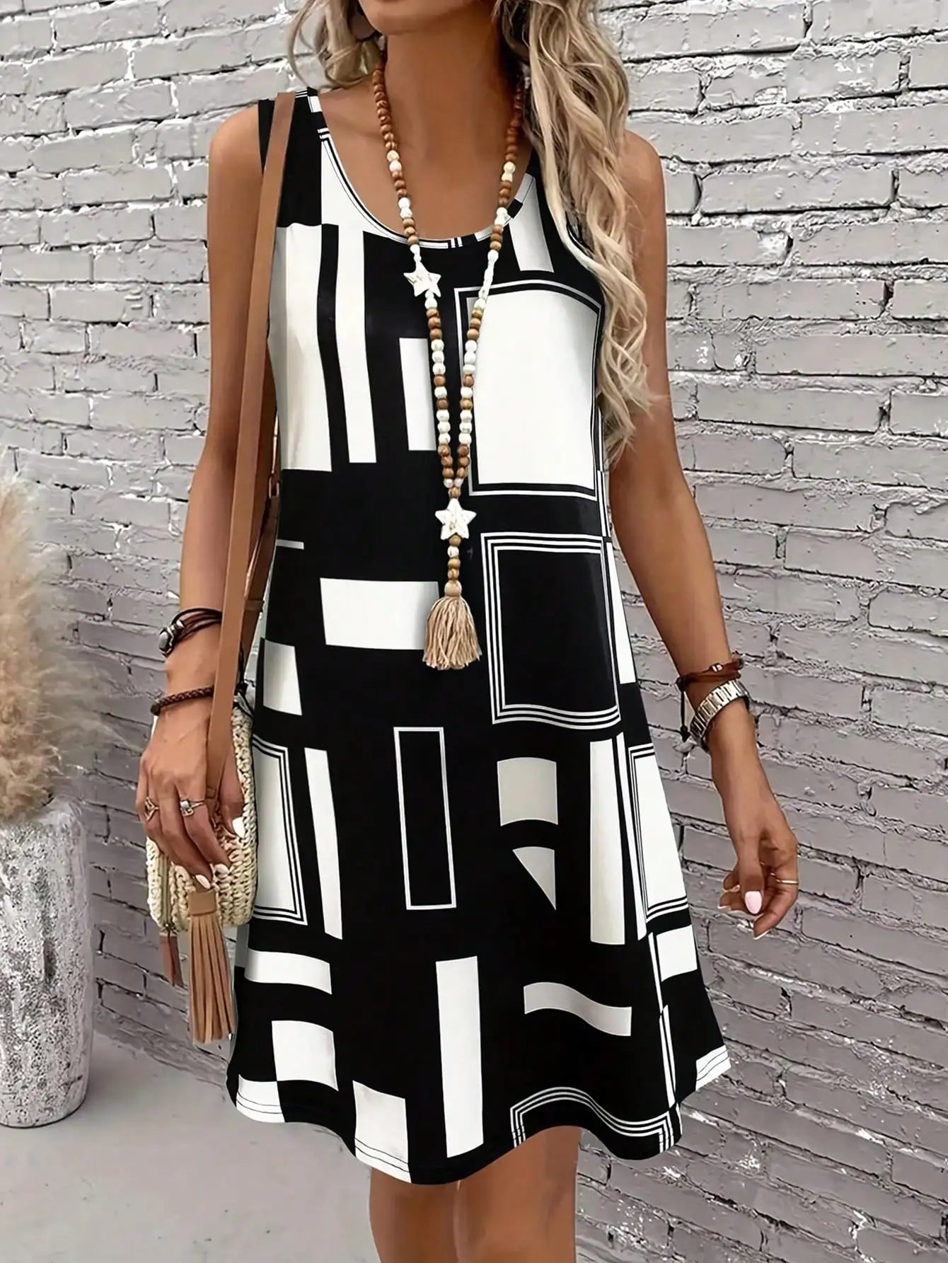 Geometric Pattern Sleeveless Dress For Women‘s Summer Clothe