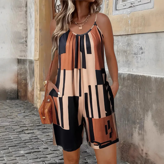 Sexy Jumpsuit Sleeveless Striped Print Loose Short  Casual Romper