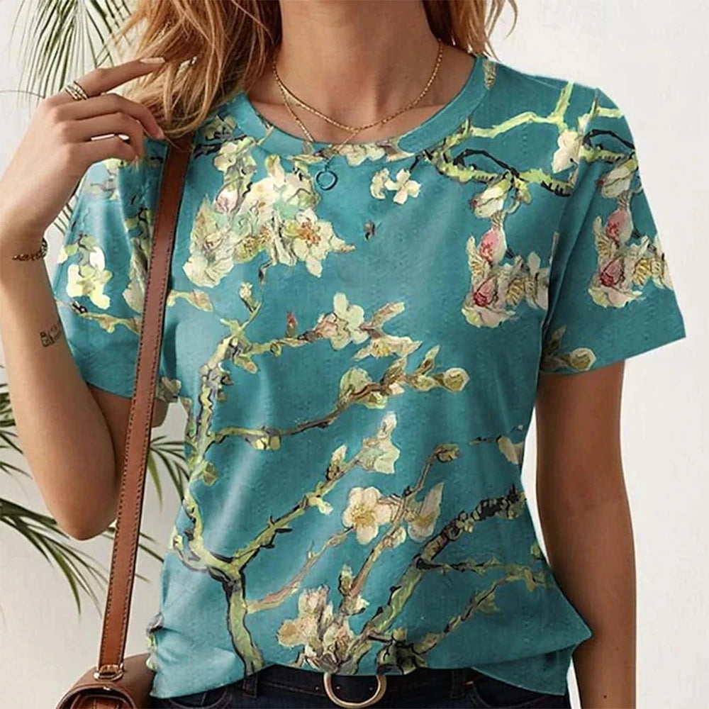 Short Sleeve T-Shirts 3d Flower Print Round Neck