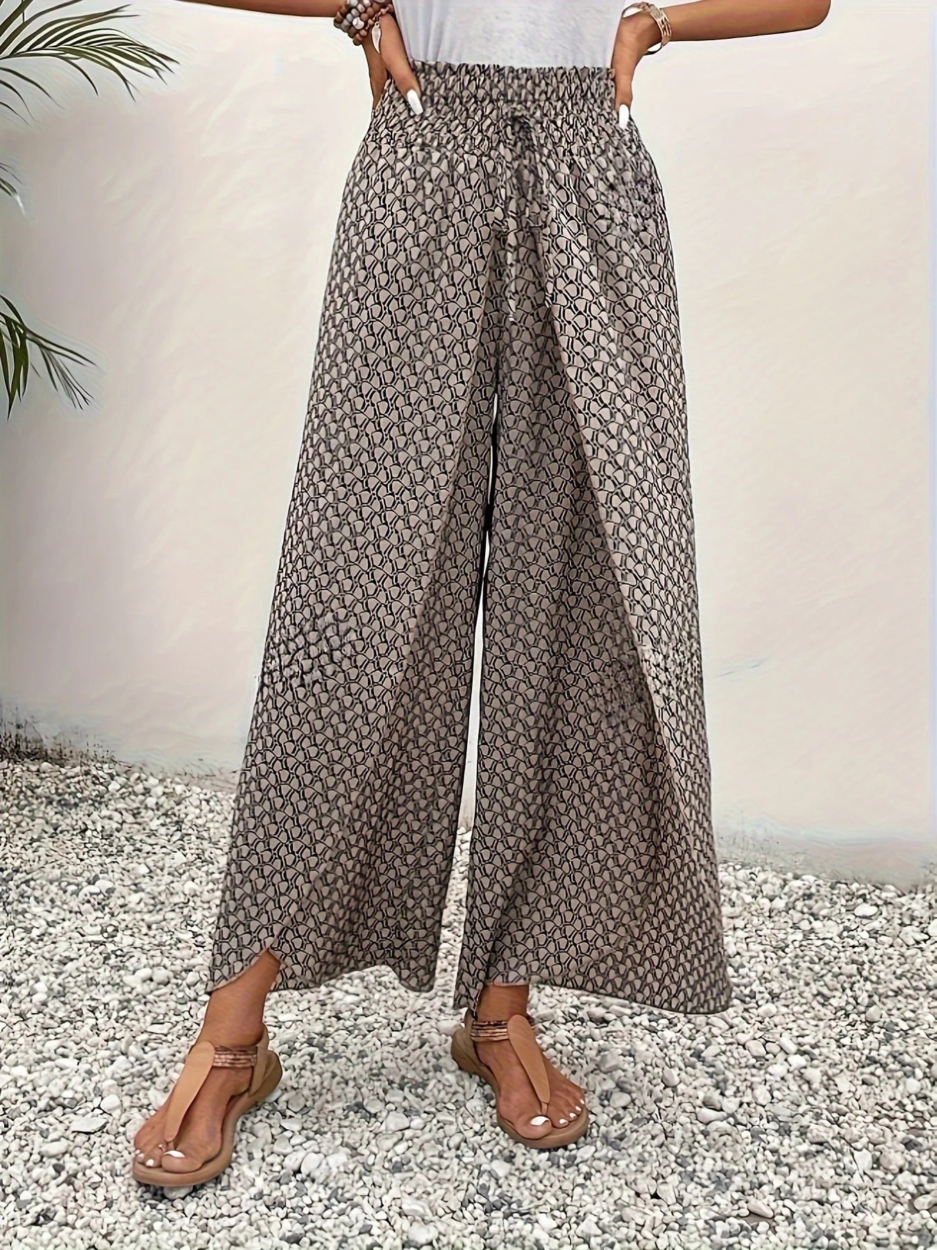 Spring Summer Women Elegant Wide Legs Pants Casual Vacation Beach Print Trousers