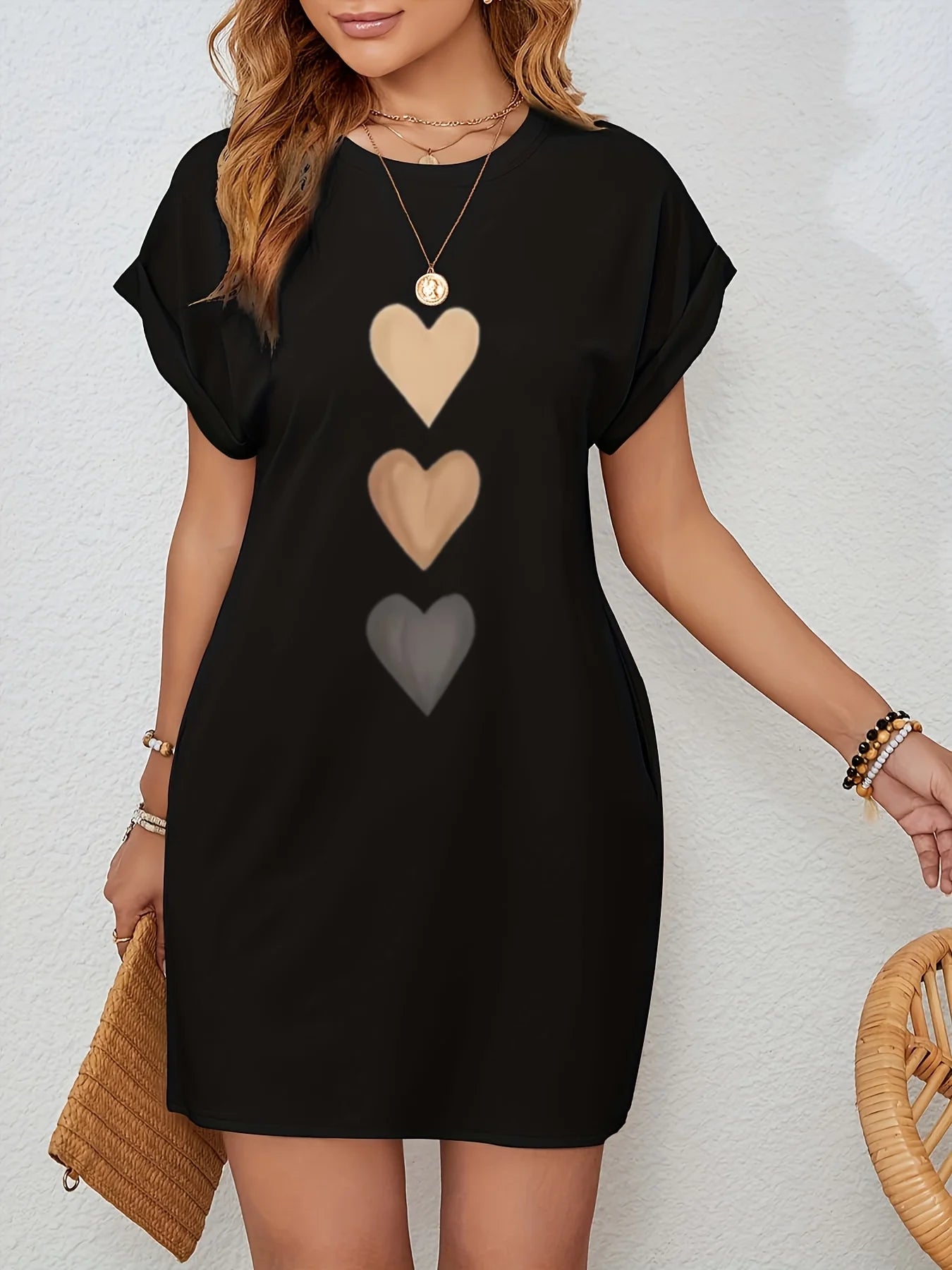 Knit TShirt Dress with Heart  Print Crew Neck Short Sleeve Fashionable