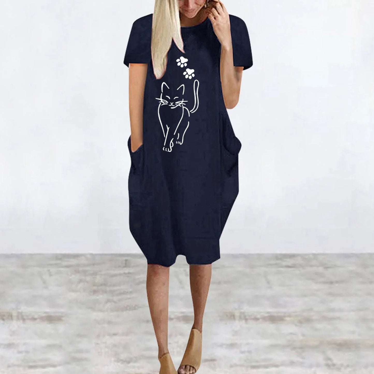 Short Sleeve  Round Neck Pockets Sexy Female Dress