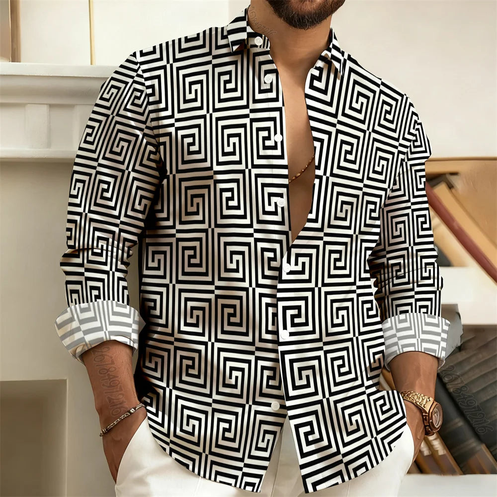 Long-Sleeved Polo Shirt, Vintage Print Style with Greek Key Pattern