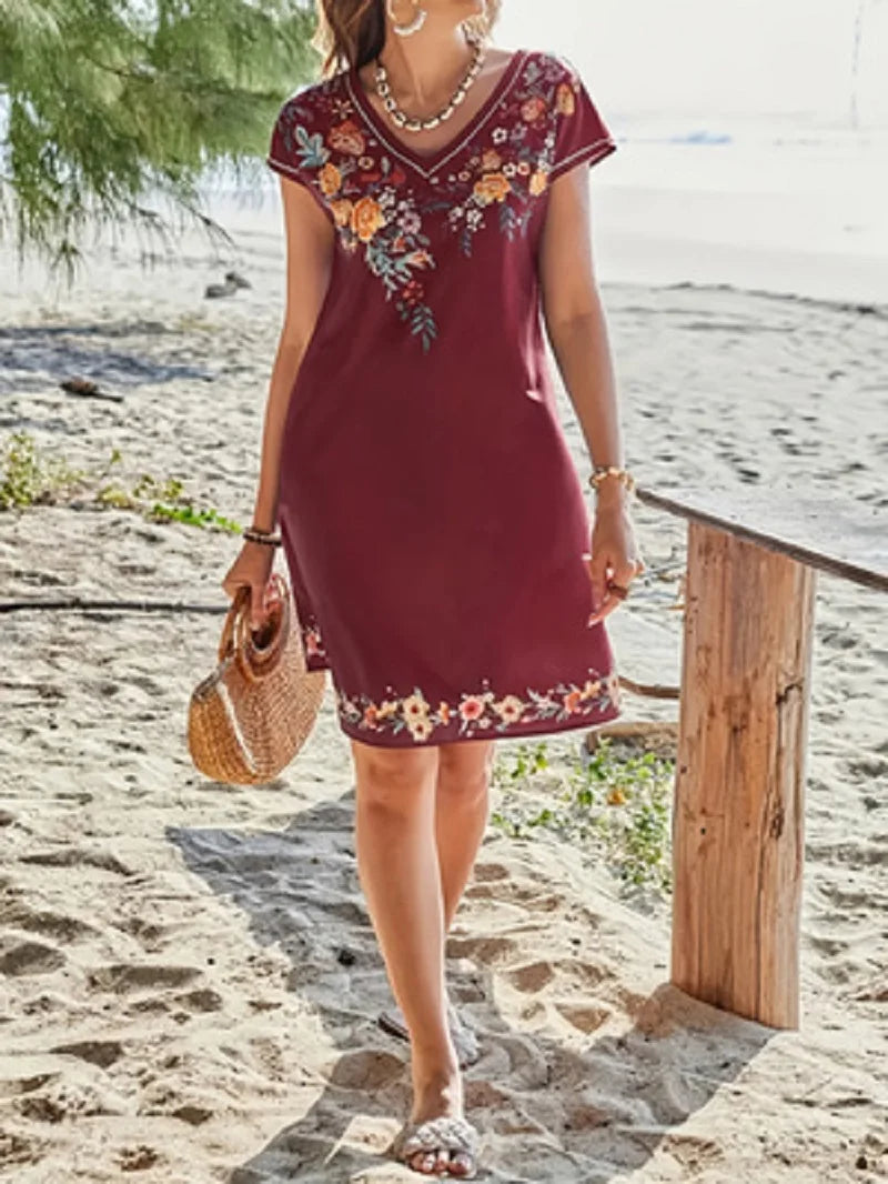 Bohemian Floral Print V-neck Slimming Short-sleeved Straight Dress