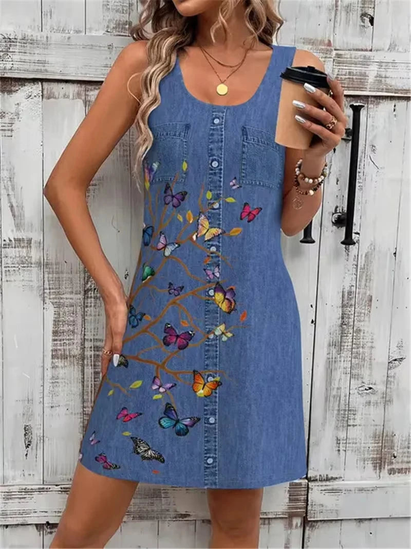 Fit Floral Sleeveless Crew Neck 3D Print Mock Pocket Dress Top