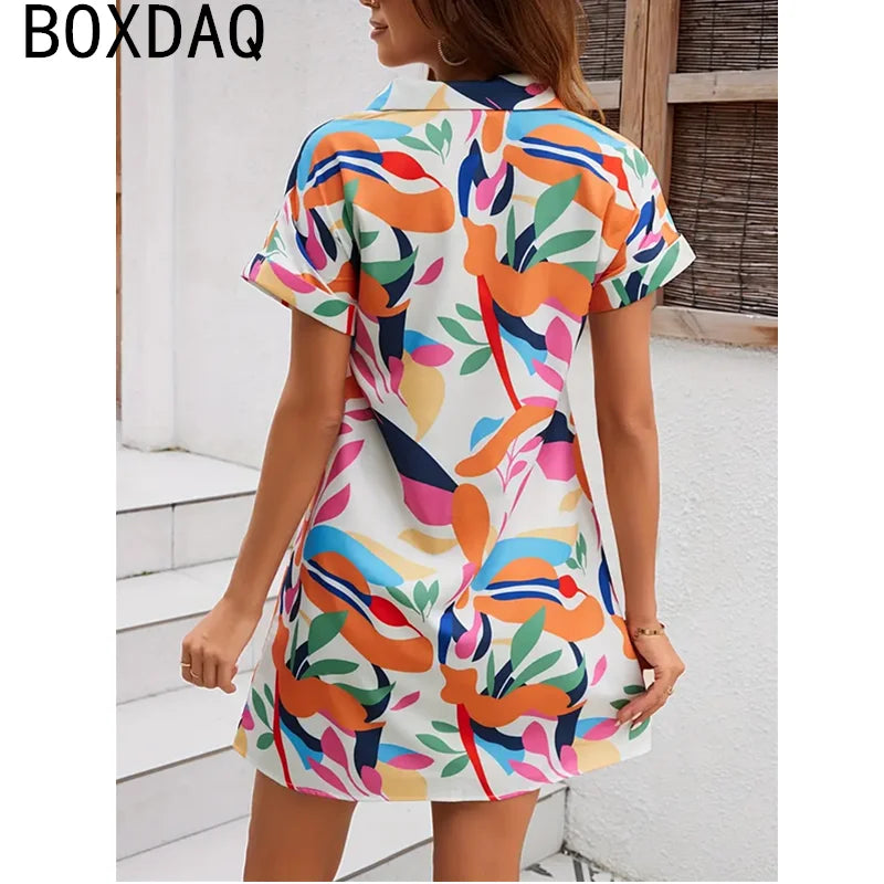 Summer Short-sleeved Lapel Mini Dress