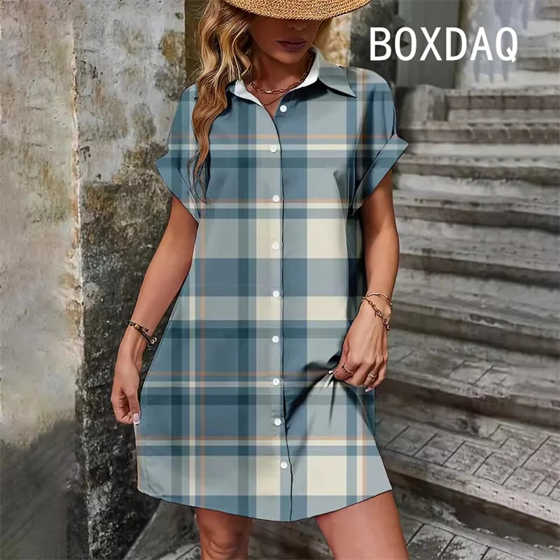 Elegant Vintage Striped Print  Short Sleeve With Button  Dress