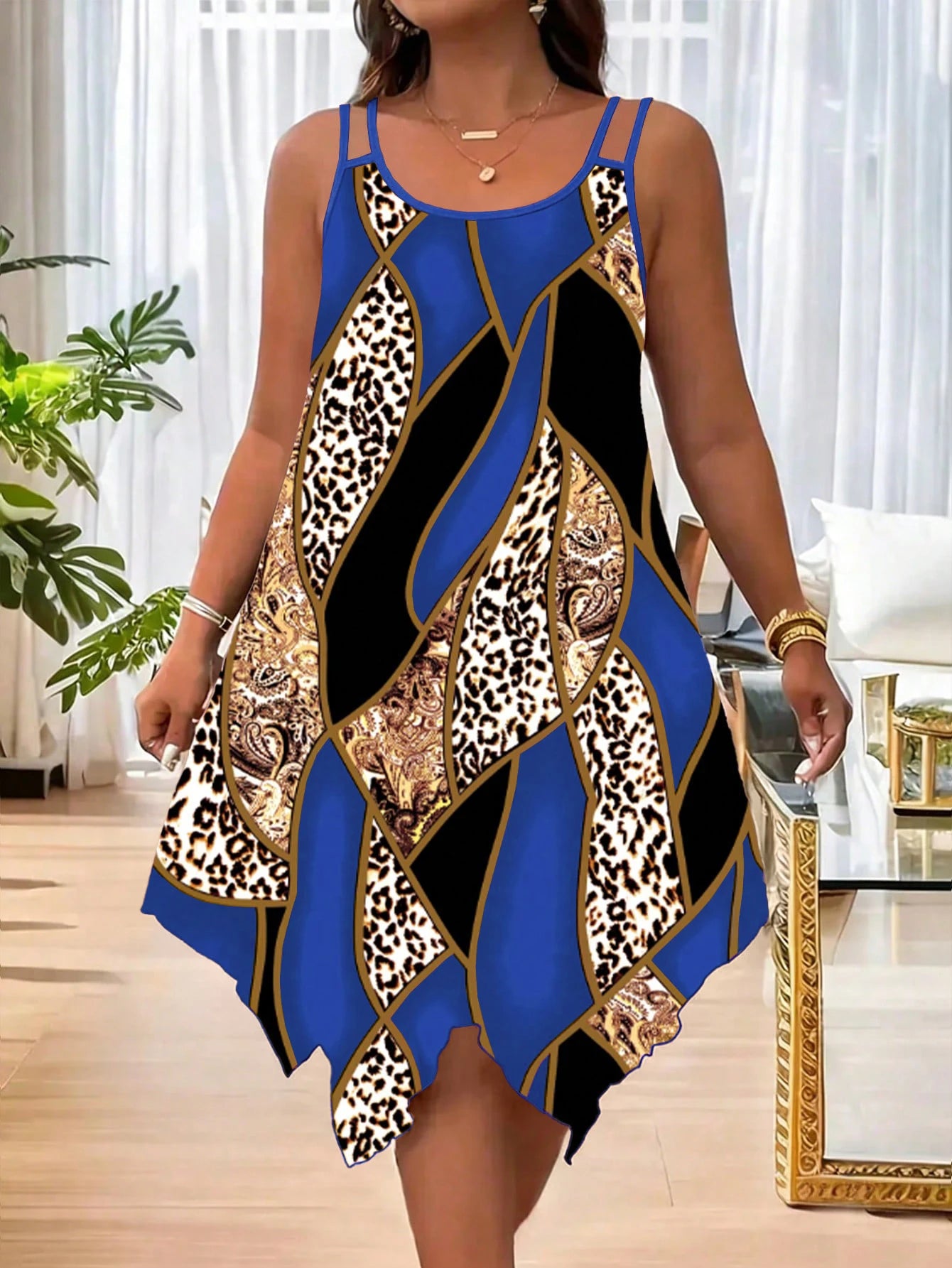 Plus-size women's fashion asymmetrical geometric stripes printed double strap dress