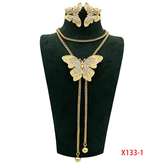 Elegant Butterfly Jewelry Long Necklace Earring Set Adjustable Length