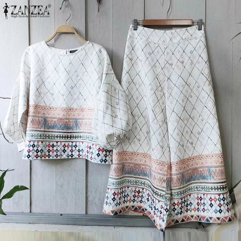 2pcs Outfit Wide Leg Pant Long Sleeve Blouse Trouser Suits