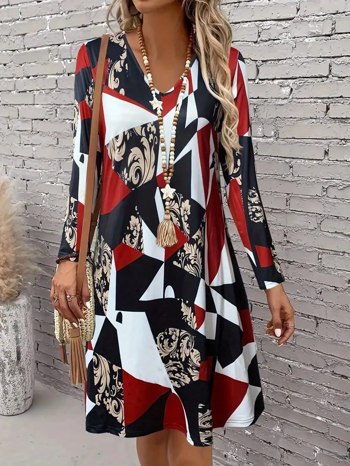 Long Sleeve  Scallop  Mini  V-neck Dress