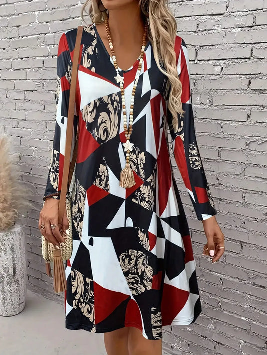 Long Sleeve  Scallop  Mini  V-neck Dress
