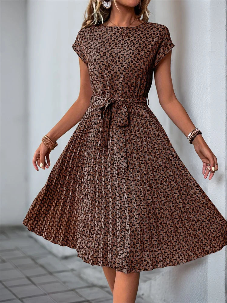 Women O Neck Pleated Medium Long Dress Fashion Print Lace-up Dress
