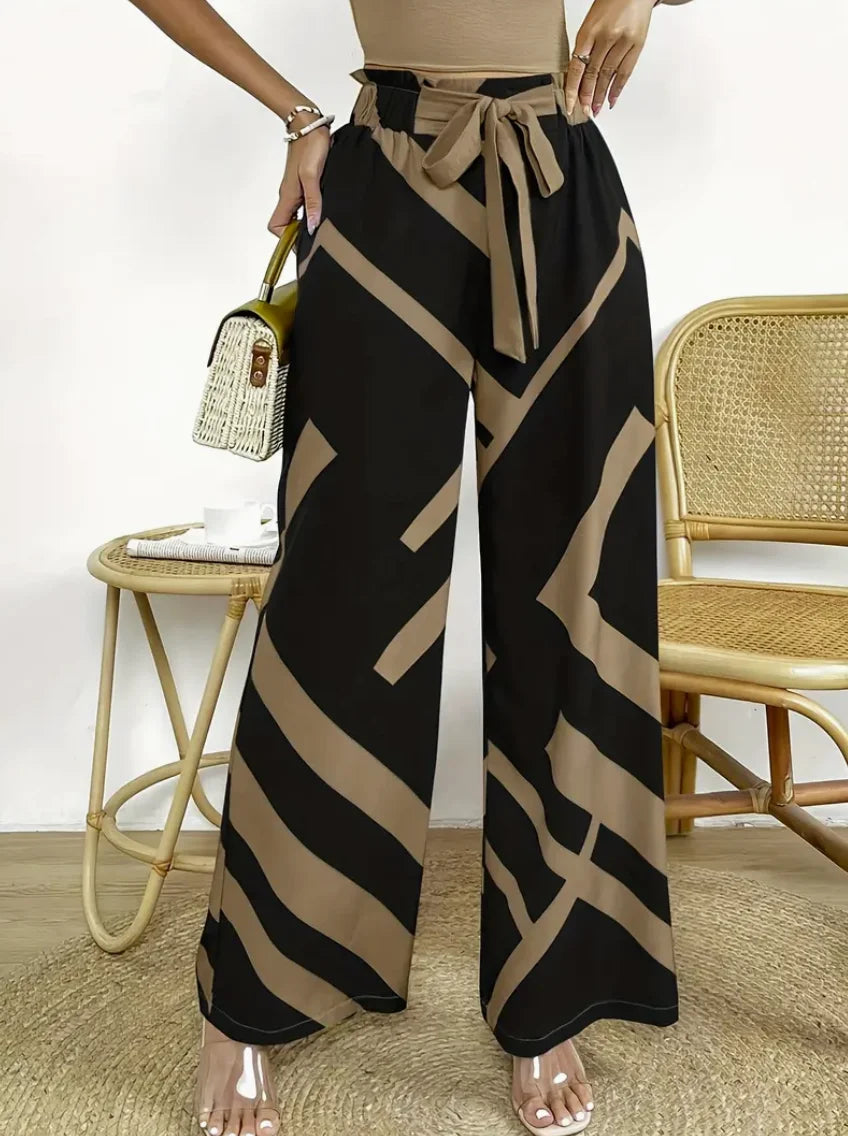 Geometric Pattern Print Wide Leg Pants Bow Front High Waist Pants For Every Day