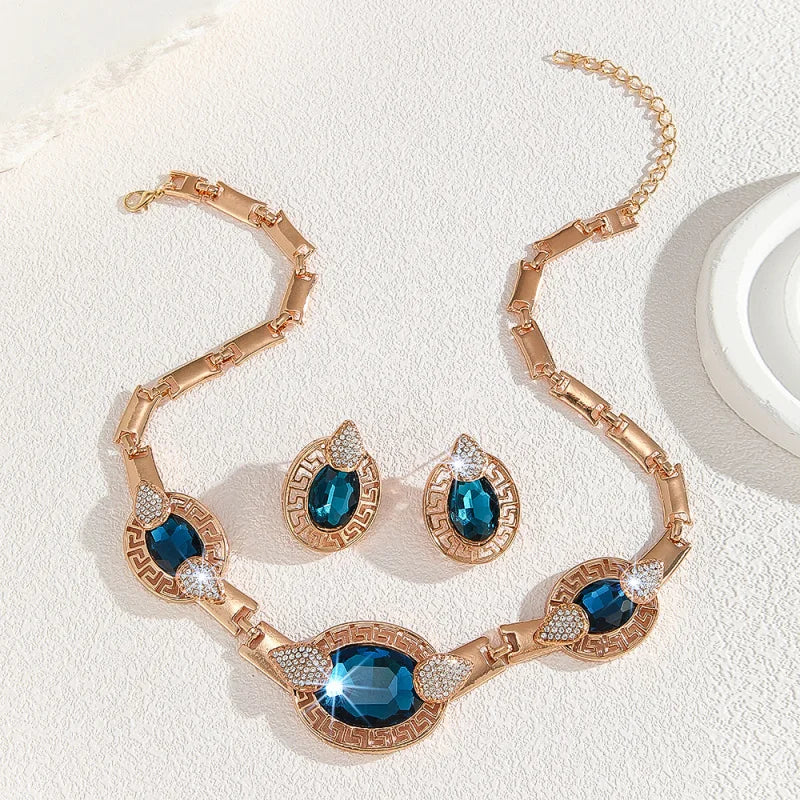 Elegant Blue Crystal Gold-plated Necklace and Earrings Suite