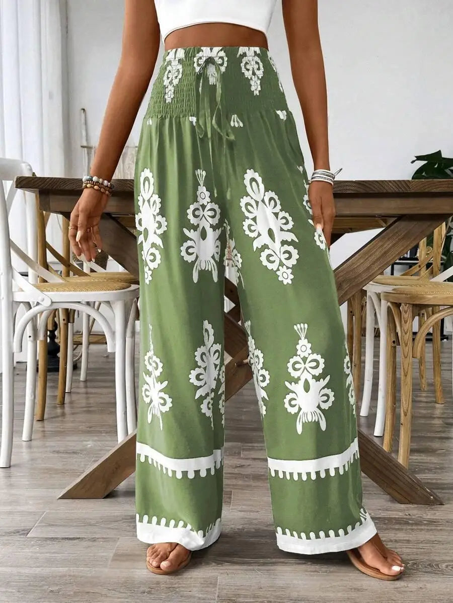 Fashionable High Waist Printed Wide Leg Casual Pants Spring Summer