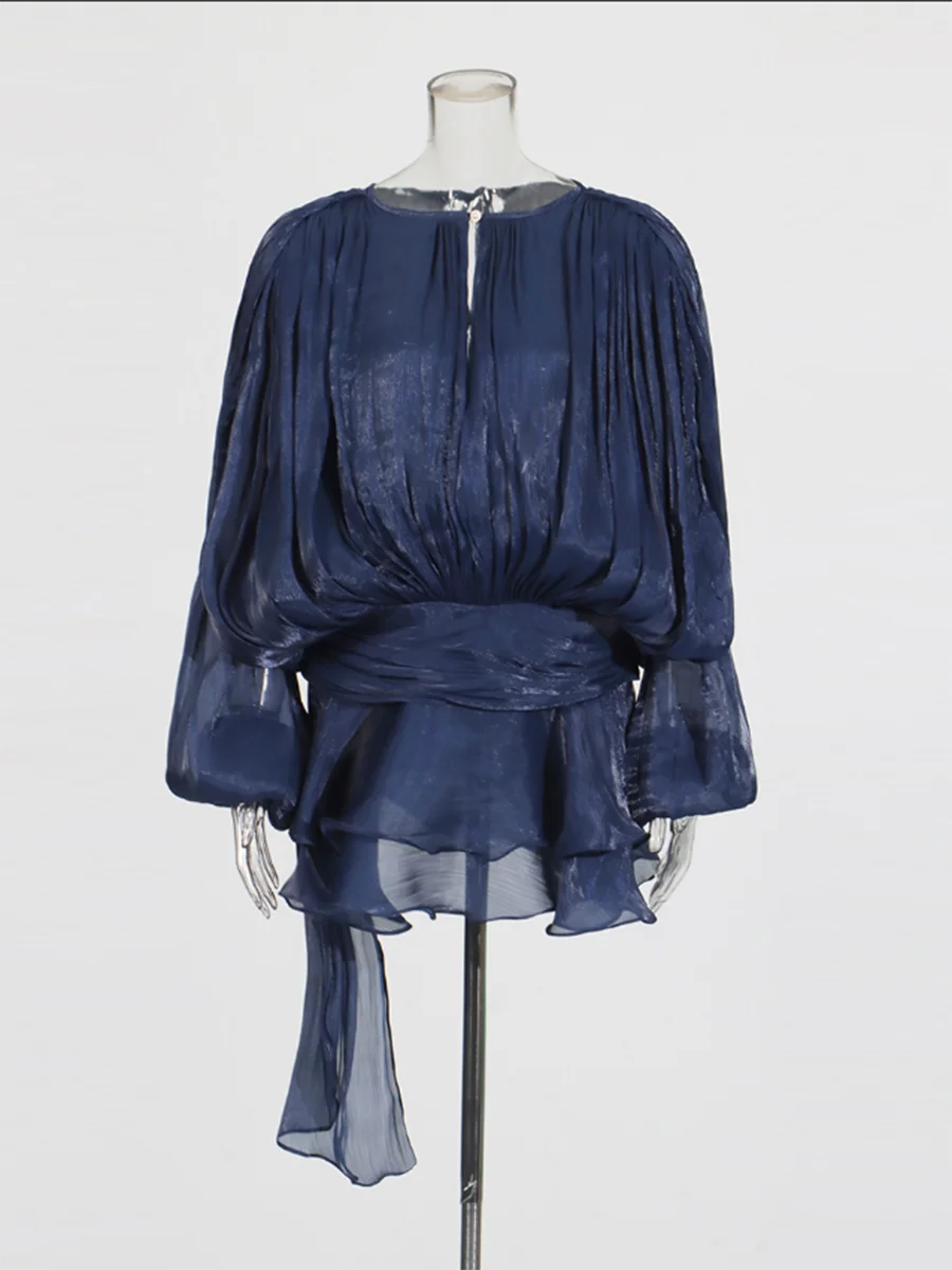 Solid Blouse Mini  V Neck Long Sleeve Spliced Lace Up Sweet Style Dress